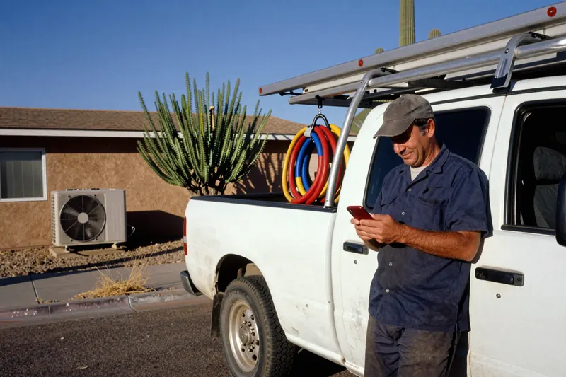 A man in a navy work shirt and gray cap leans on a white pickup and reads a red phone. Coils of red, blue and yellow PEX hang on the ladder rack, with a mini-split condenser and an organ-pipe cactus behind him under a blue sky.