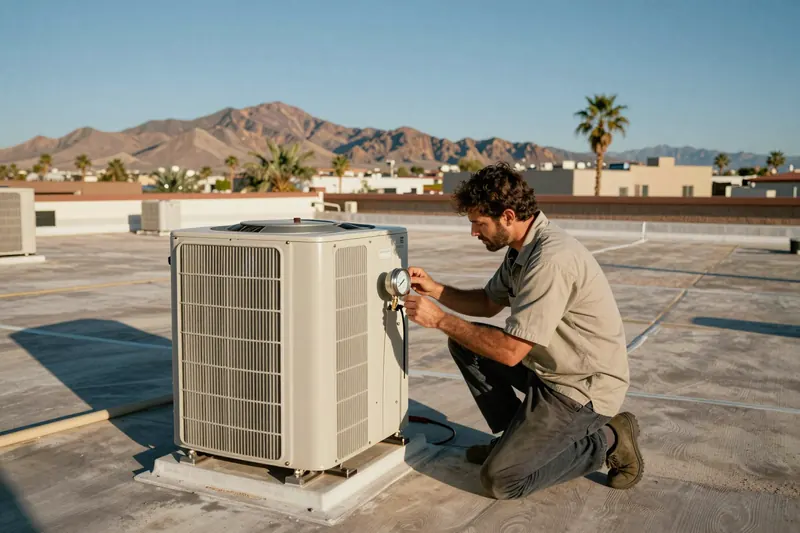 A technician in a gray work shirt kneels on a sunny flat roof, checking a gauge on an air-conditioning unit, with palm trees and brown mountains behind.