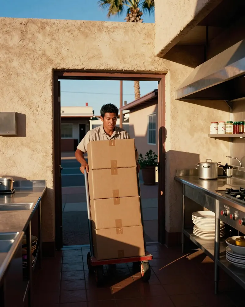 A delivery driver in a tan work shirt wheels a hand truck stacked with plain cardboard boxes through the back door of a sunlit restaurant kitchen, past stainless counters and stacked plates.