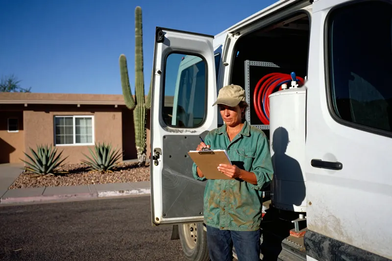 A plumber in a green work shirt and tan cap writes on a clipboard at the open door of a white van. Red and blue PEX coils and a water heater are inside the van, with a saguaro, agave and a stucco house behind her under a blue sky.
