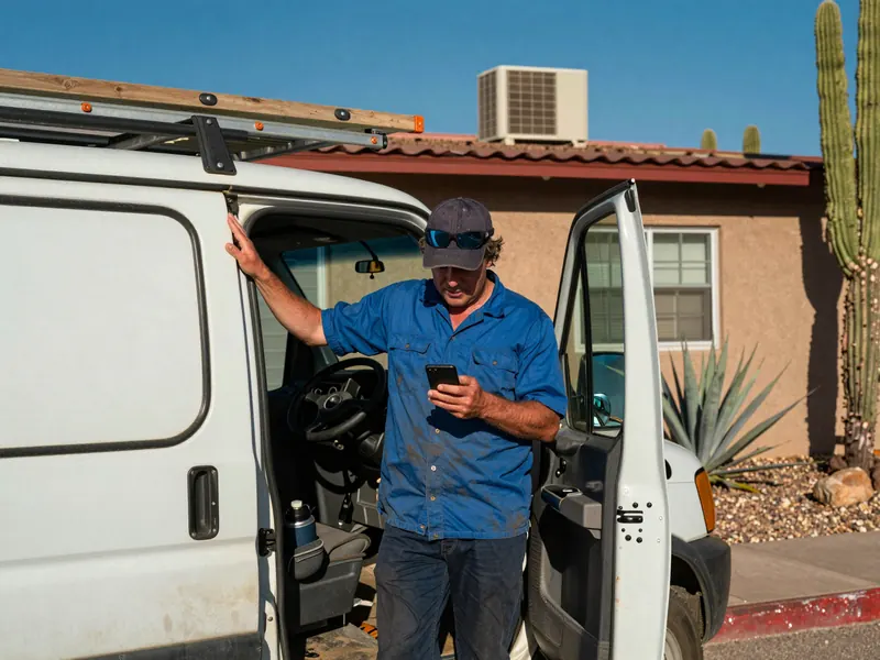 A service tech in a faded blue work shirt and cap, sunglasses pushed up on the brim, stands in the open doorway of a plain white work van at the curb and looks down at his phone. A ladder sits on the roof rack. Behind him are a tan stucco house with a rooftop AC unit, agave in a gravel yard and a saguaro under a deep blue Phoenix sky.